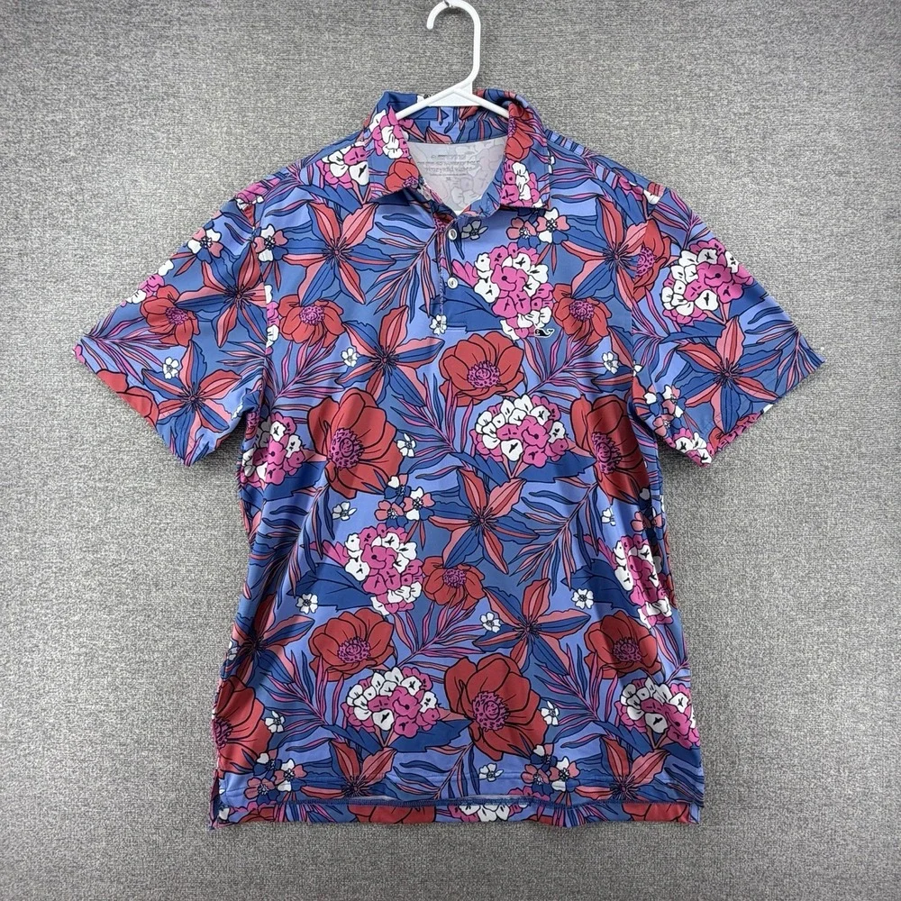 Vineyard Vines OTG On The Go Sankaty Golf Polo Shirt Men Medium Blue Floral Red